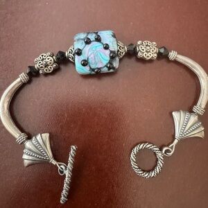 Blue and Lavender Swirl Glass Bead Bracelet with Silver Accents